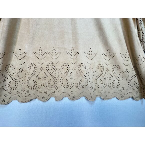 Chico's Women's V Neck Tunic Top Long Sleeve Stretch Faux Suede Paisley Sz 3 Tan - Picture 10 of 12